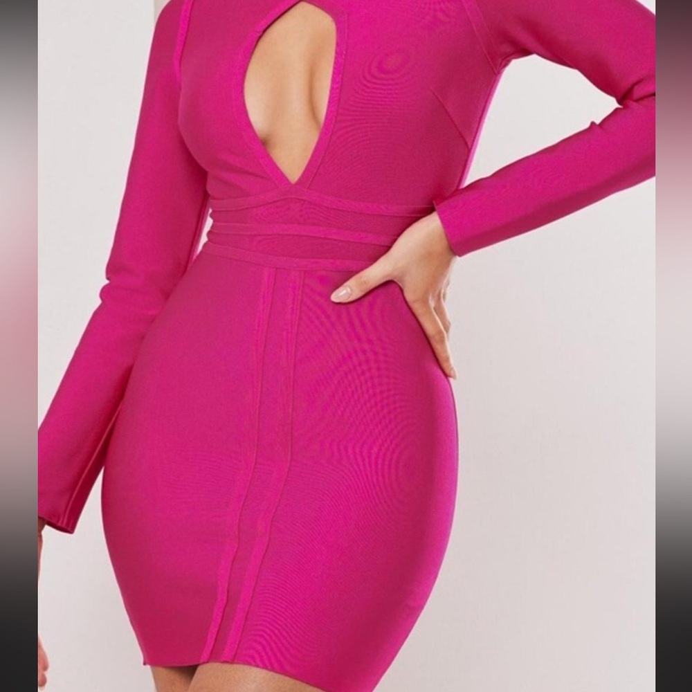 Missguided Hot Pink Bodycon Cut Out Long Sleeve Dress